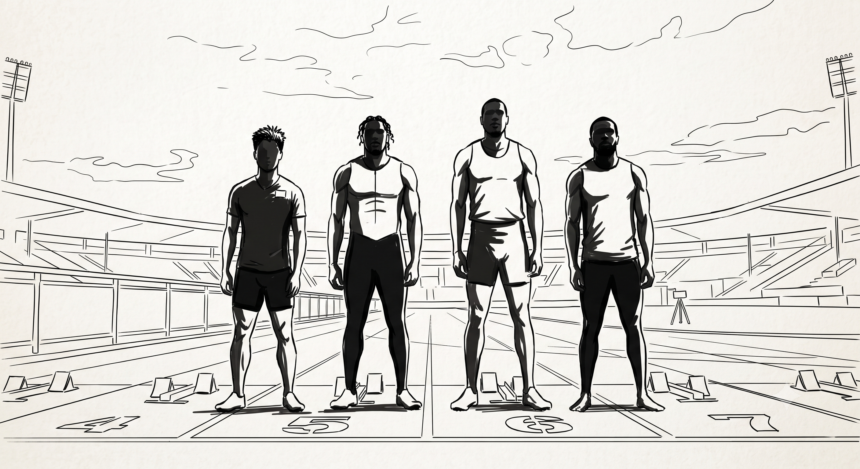 Line drawing of four elite sprinters standing at the starting line of an Olympic stadium.