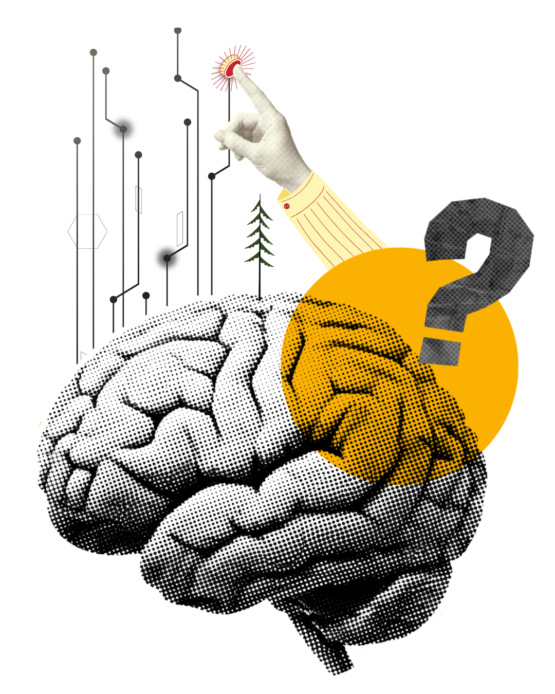 Collage of a halftone brain, a hand pointing at a light, circuit lines, and a question mark on an orange circle.